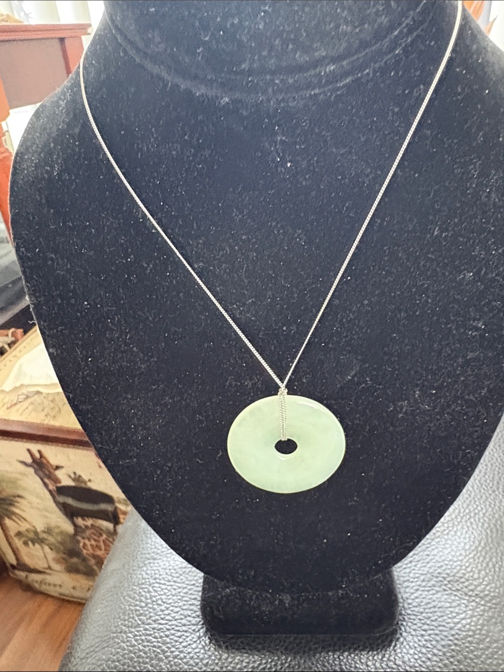 Light Green Jade Donut Pendant Necklace on 925 Sterling Silver Chain